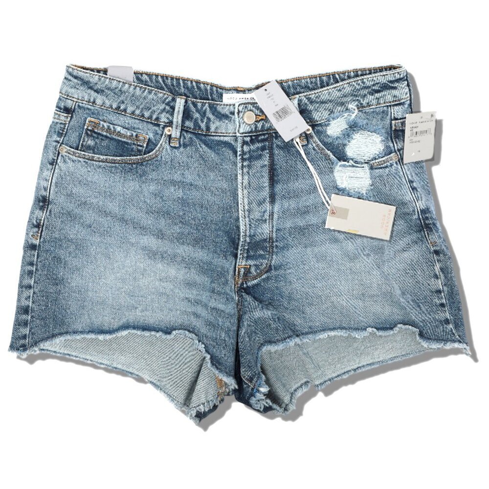 GOOD AMERICAN Bombshell Distressed Denim Jean Shorts High Rise Size 15 NWT